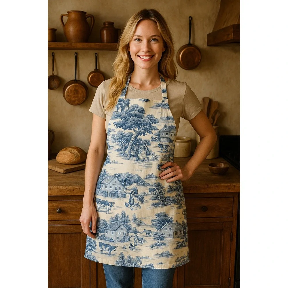 Blue Toile Farmhouse Apron Country Cottagecore Pastoral Scene Kitchen Cooking‎